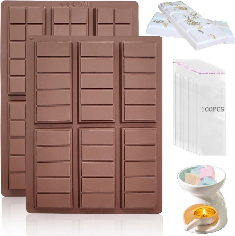 BZIDII Wax Melt Molds Silicone,Chocolate Bar Mold for Stuffed Bar,Chocolate Candy Molds,Thick Silicone Candle Mold with 100pcs Storage Bags （2 Style） - Image 1